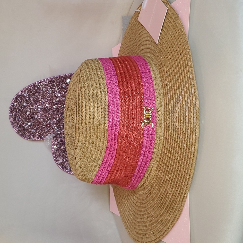 🎉HP🎉 Juicy Couture ❤️💖NWT💖❤️ Natural Straw Fedora Hot Pink & Red Stripe!❤️💖
